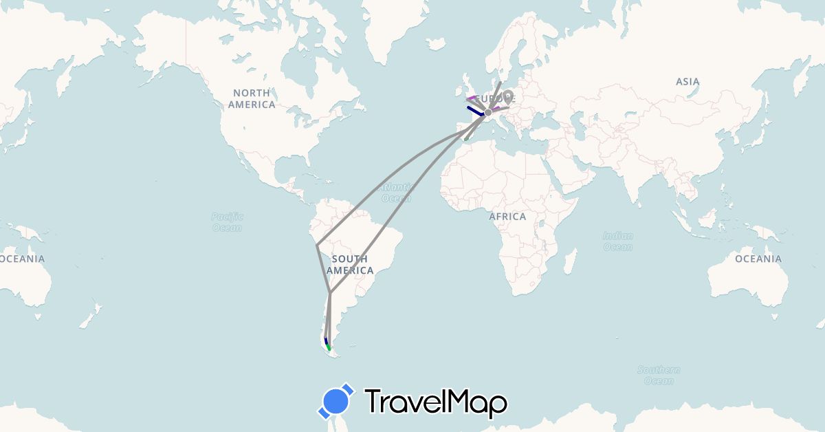 TravelMap itinerary: driving, bus, plane, train in Argentina, Austria, Switzerland, Chile, Germany, Denmark, Spain, France, United Kingdom, Peru (Europe, South America)
